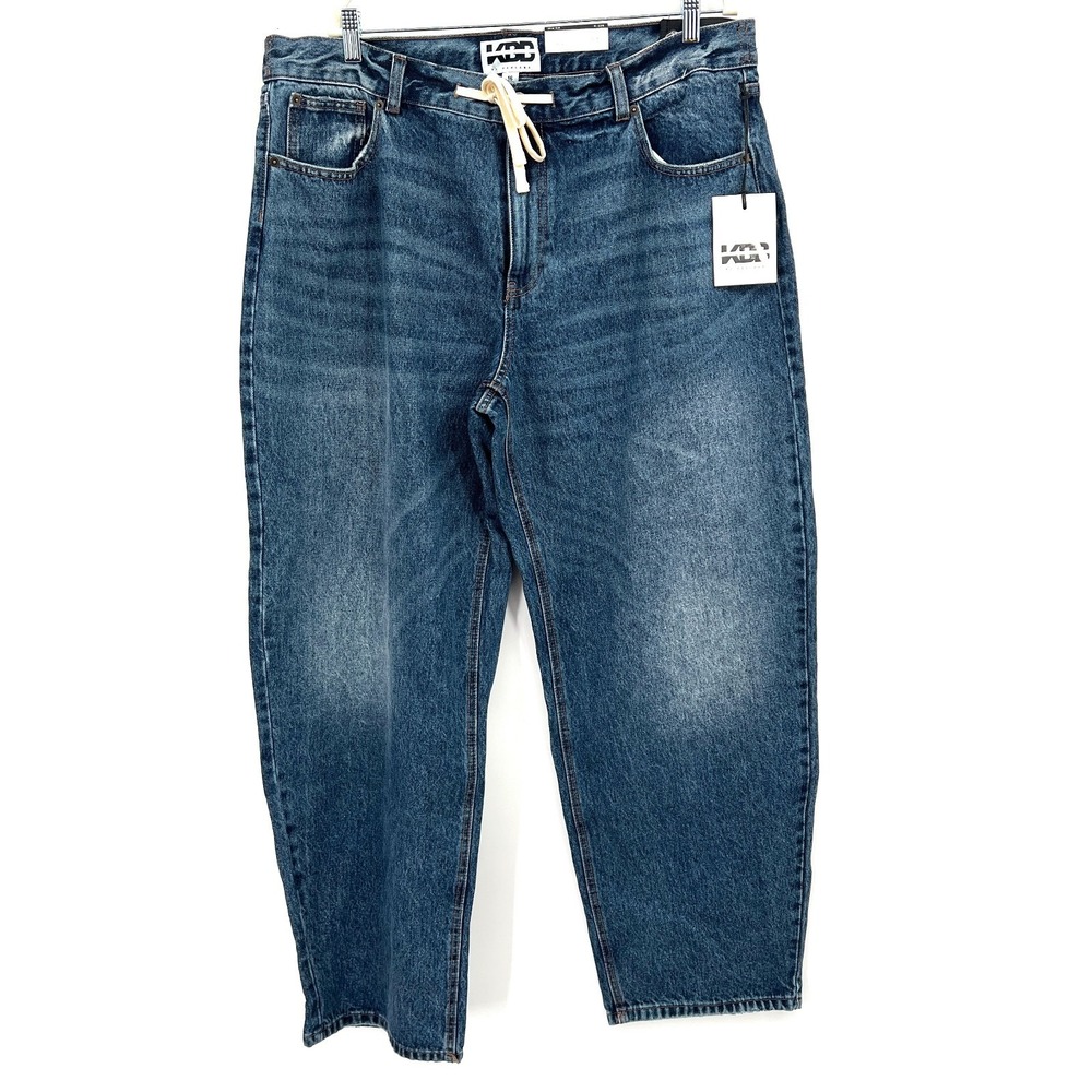 NEW KBB by Kahlana dark wash mid rise barrel leg jeans draw string boho indie 16